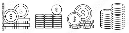 Illustration of Stacks of Coins with Dollar Signs in a Line Art Style