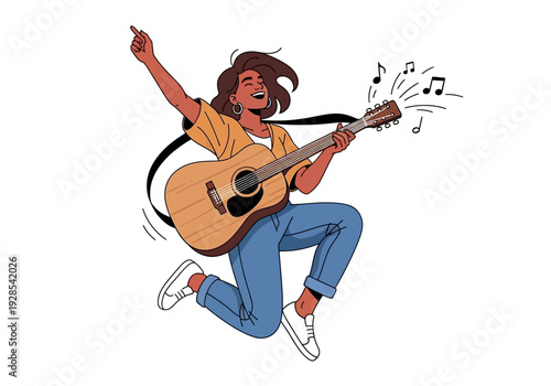 A young woman enthusiastically plays guitar while jumping in the air, surrounded by musical notes