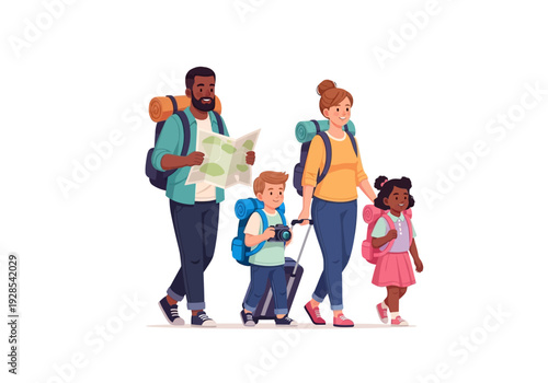 Family of four on a hiking adventure together, exploring nature and enjoying the outdoors with backpacks and map in hand.