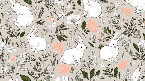 White rabbits dance on flowers in a hand-drawn Easter bunny design. This cute pattern works well for fabric, wallpaper, or baby room decorations.