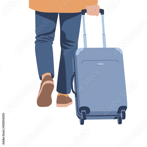 Man walking with wheeled luggage in casual attire