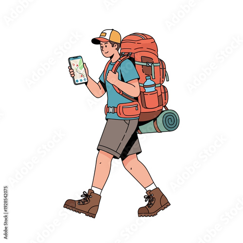 Hiker with large backpack and map navigating through wilderness terrain on adventure travel journey outdoors