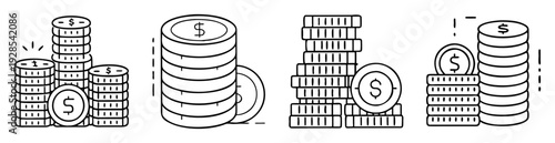 Piles of Dollar Coins and Loose Coins in Hand Drawn Style