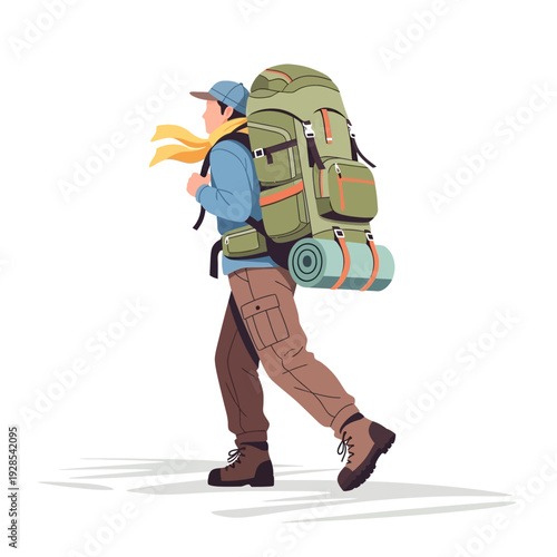 Man hiking with large backpack and rolled sleeping bag on journey through wilderness terrain