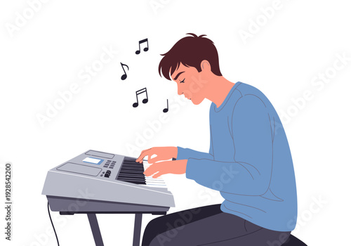 A young man playing electronic keyboard with musical notes floating around him in a creative studio environment from a side viewpoint