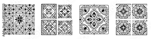 Collection of square tiles featuring floral designs in black and white styles