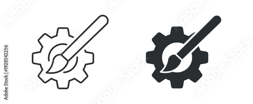 Settings customization icon set, gear with paintbrush symbol, configuration and design vector illustration