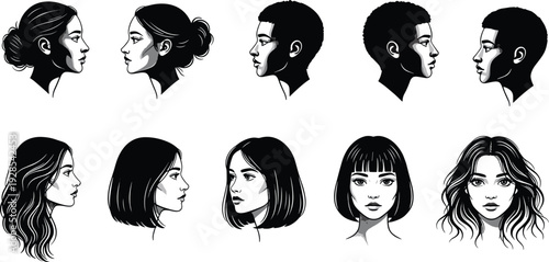 Collection of female face portraits in profile and front view with diverse hairstyles, black and white vector illustration set