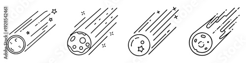 Outline illustration featuring four different variations of comets with glowing tail
