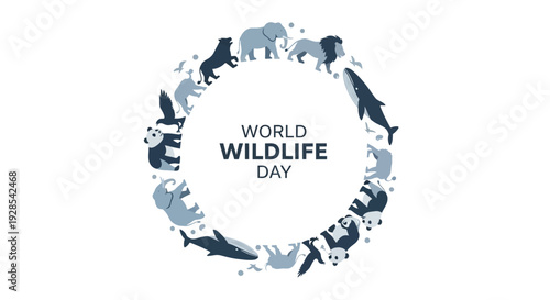 A colorful illustration of various animals forming a circular frame around the words 'World Wildlife Day' on a white background with a conservation theme and educational layout