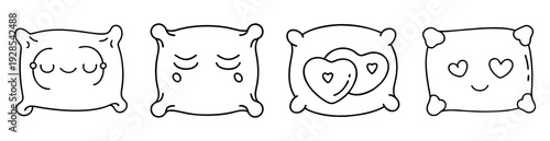 Collection of four square kawaii pillows each with a unique expression