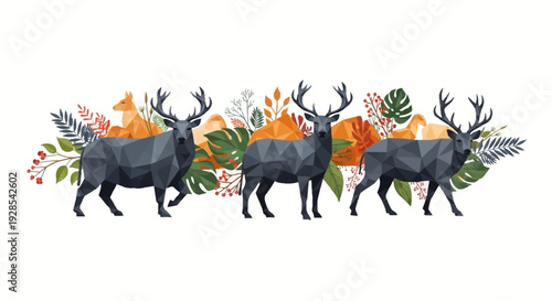 A colorful illustration of deer silhouettes walking through a vibrant forest landscape with leaves, flowers, and trees on World Wildlife Day
