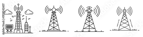 Stylized Telecommunication Tower Icons Depicting Radio Waves and Broadcasting Infrastructure
