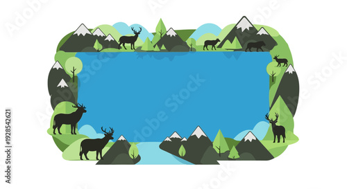 A colorful illustration of a serene forest landscape with deer, trees, and mountains, featuring a blue frame for World Wildlife Day conservation concept