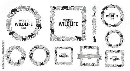 A set of World Wildlife Day frames and icons in black and white with animal silhouettes on a clean background for conservation decoration design
