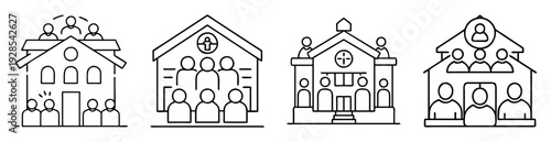 Various architectural representations of houses or buildings with people depicted inside