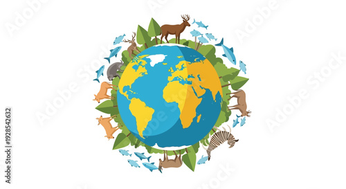 Colorful illustration of the Earth surrounded by animals and leaves on World Wildlife Day with a conservation theme