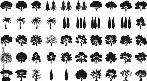 Collection of tree silhouettes vector set featuring diverse forest, palm and ornamental trees isolated on white background for landscape design and graphic projects