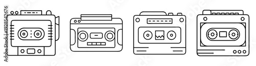 Line drawing of four old fashioned cassette players in black and white