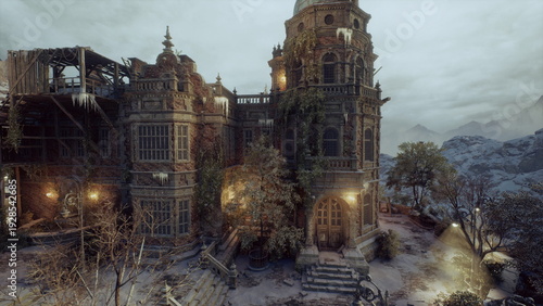 Obraz na plátně Snowcovered gothic manor at dusk, lantern glow spills over frostlined courtyard,