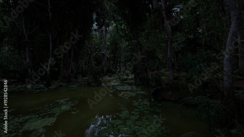 Billede på lærred silvery lily pads floating on black water under moon with subtle reflections and