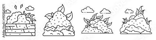 Various dirt mounds and heaps with plants, some in brick containers, line art