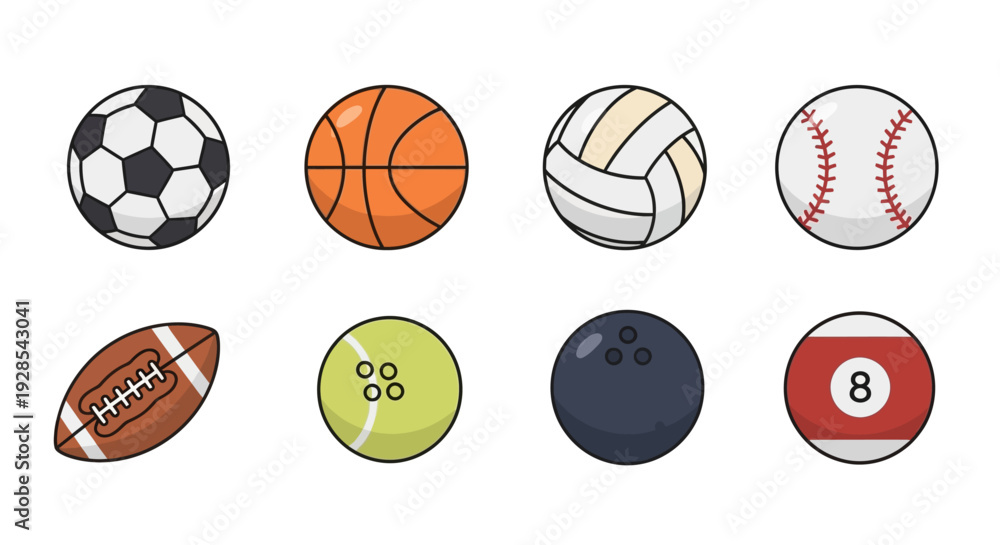 Fototapeta premium Flat vector sports balls icon set isolated on white background,
