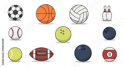 Flat vector sports balls icon set isolated on white background,