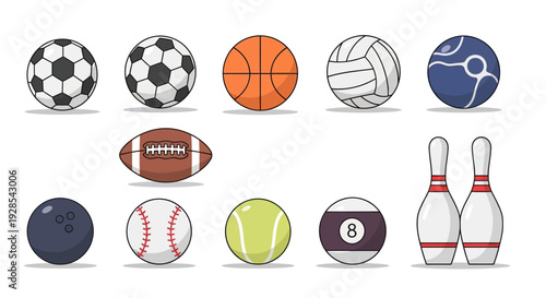 Flat vector sports balls icon set isolated on white background,