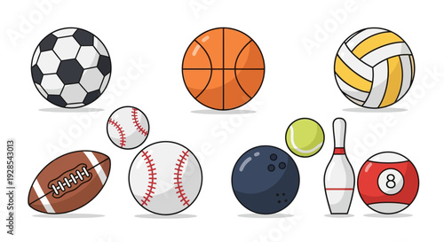 Flat vector sports balls icon set isolated on white background,