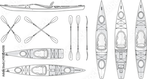 Kayak technical drawing blueprint with paddles, top and side views detailed line art for marine equipment design and outdoor recreation projects