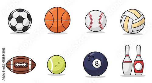 Flat vector sports balls icon set isolated on white background,