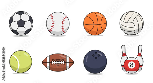 Flat vector sports balls icon set isolated on white background,