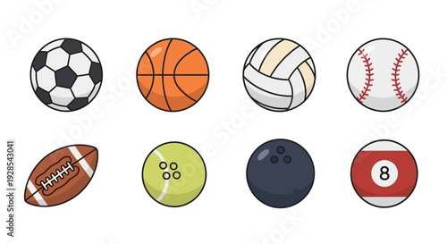 Flat vector sports balls icon set isolated on white background,