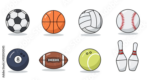 Flat vector sports balls icon set isolated on white background,