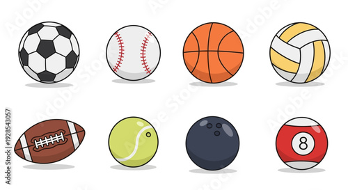 Flat vector sports balls icon set isolated on white background,