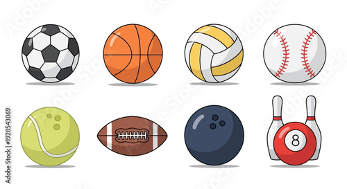 Flat vector sports balls icon set isolated on white background,