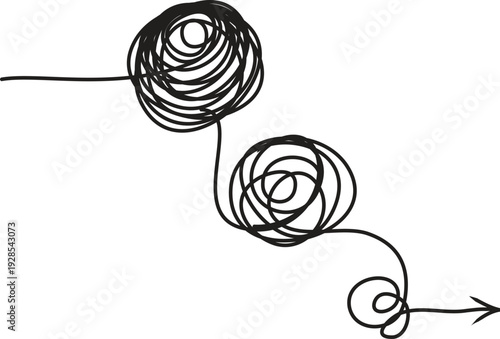 A black and white image of scribbled spirals with an arrow