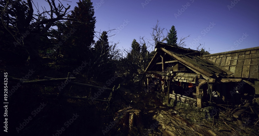 Fototapeta premium weathered porch with broken railing abandoned workbench covered in moss tools scattered overgrowth urban explorer cataloguing artifacts and textures for archive