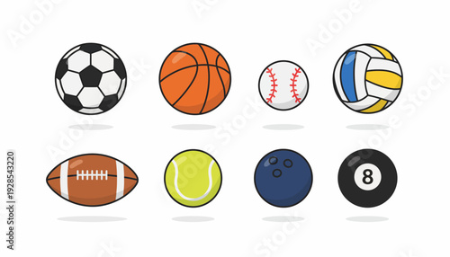 Flat vector sports balls icon set isolated on white background,