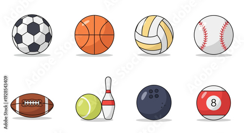 Flat vector sports balls icon set isolated on white background,