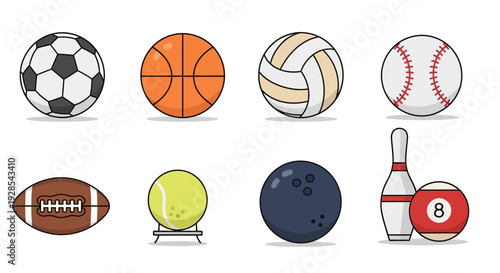 Flat vector sports balls icon set isolated on white background,