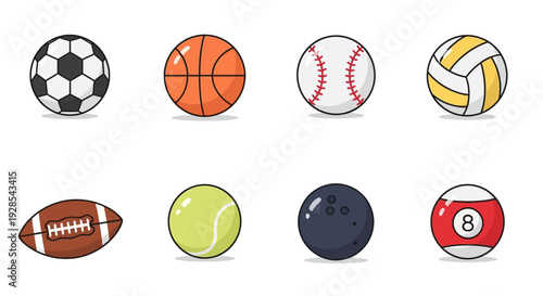Flat vector sports balls icon set isolated on white background,