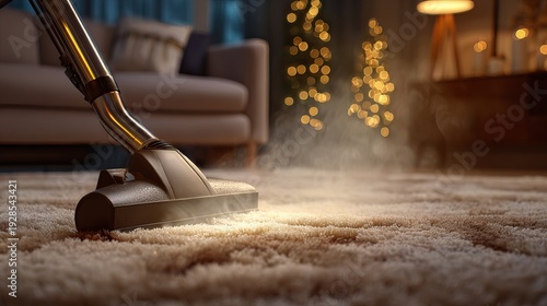 Carpet cleaning machine working on soft living room rug. AI generated image