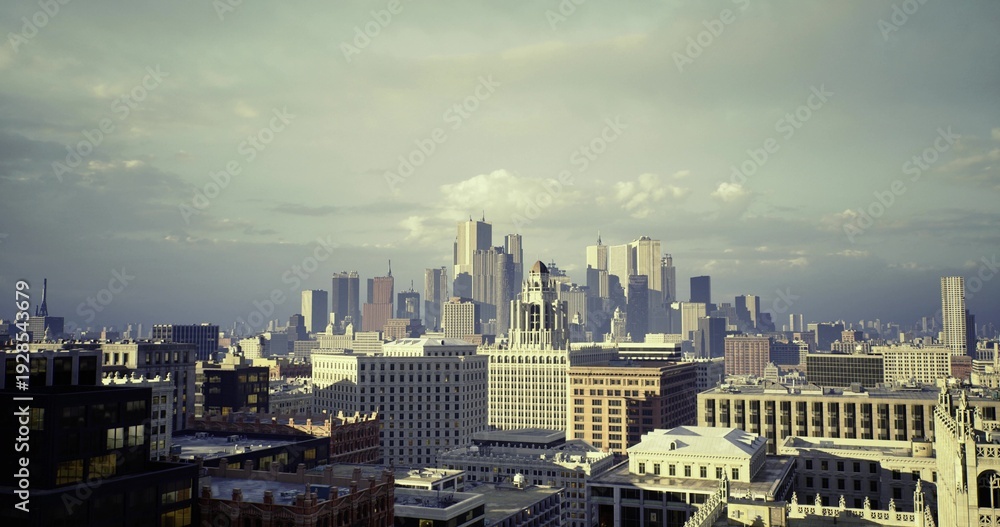 Fototapeta premium city skyline under dramatic storm clouds with darkened towers and textured sky, atmospheric tension, high contrast lighting, ideal for weather, energy,