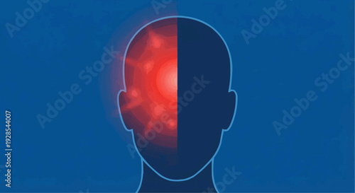 Migraine headache vector illustration showing intense red glowing pain on one side of head silhouette.