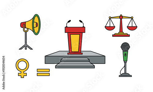 Colorful illustration depicting justice equality and public speaking elements for legal representation
