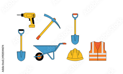 Construction tools and safety gear illustration drill pickaxe shovel wheelbarrow and vest
