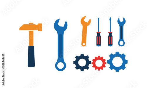 Various hand tools including hammer wrenches screwdrivers and gears displayed against a white background