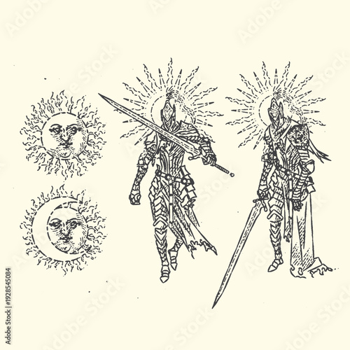 Divine Warriors and Celestial Bodies: Sun, Moon, Knights in Armor with Swords - Mythological Artwork